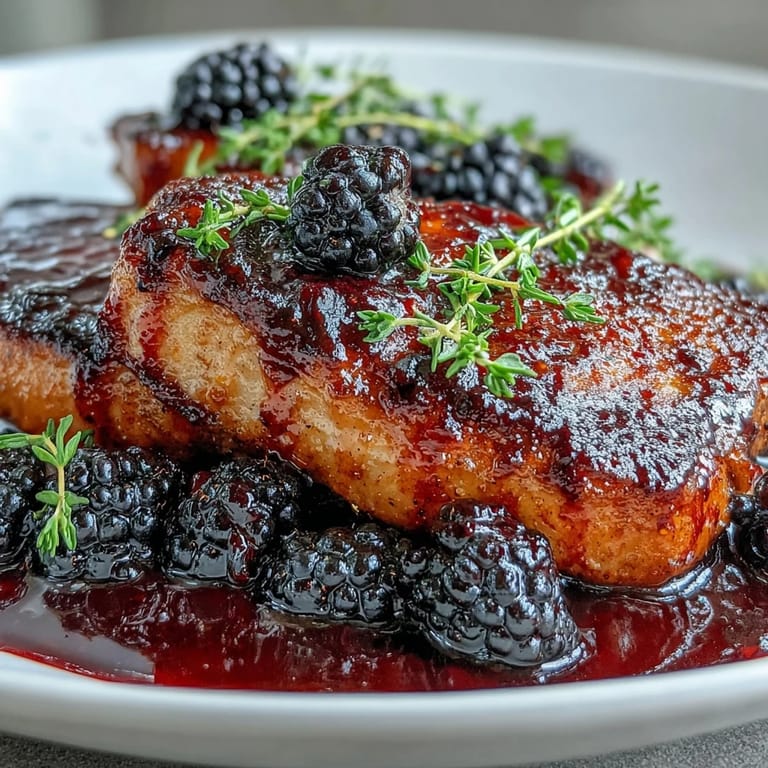 A close-up of juicy Bourbon Blackberry Pork Chops on a plate with roasted sweet potatoes and a drizzle of sweet glaze.