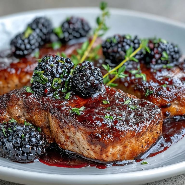Sizzling Bourbon Blackberry Pork Chops in a skillet with fresh blackberries, finished with a rustic thyme sprig garnish.