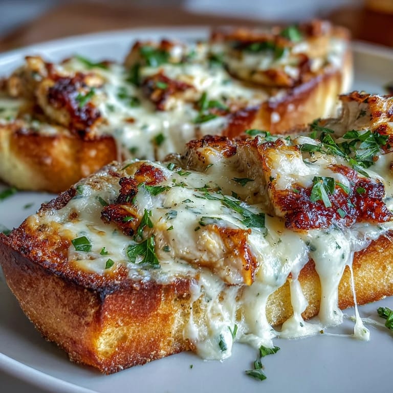 Tender chicken pieces and creamy sauce smother a crisp, buttery Italian bread half.