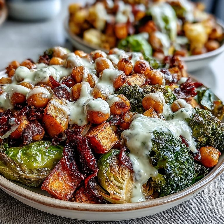 A close-up of Roasted Veggie & Chickpea Bowls showing vibrant broccoli, Brussels sprouts, and sweet potatoes on a dinner plate.