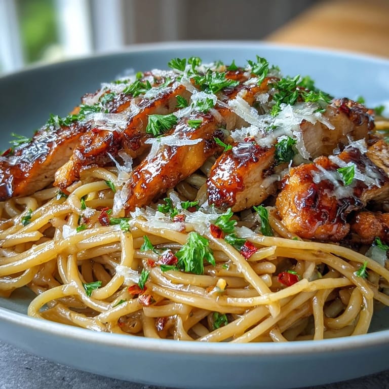Steam rises from a skillet filled with Sticky Honey Garlic Chicken Pasta, highlighting the tender chicken and thick, savory sauce clinging to the noodles.