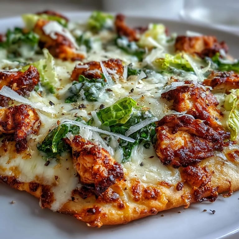 Sizzling Garlic Naan Chicken Caesar Pizzas come straight from the oven, topped with shaved parmesan and black pepper for serving.