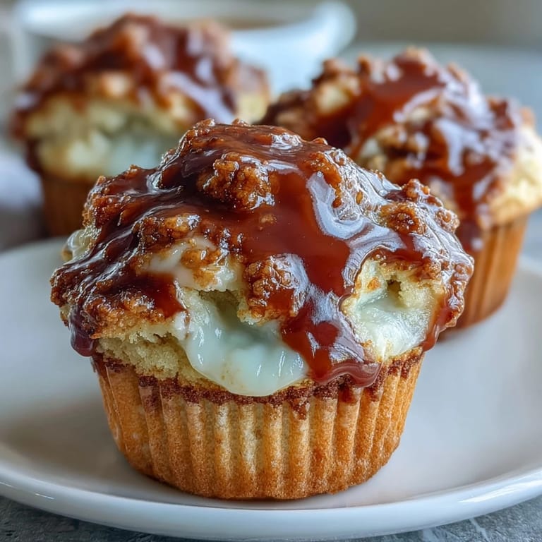 Freshly-baked Caramel Cream Cheese Swirl Muffins served warm on a plate with a fork and caramel drizzle.