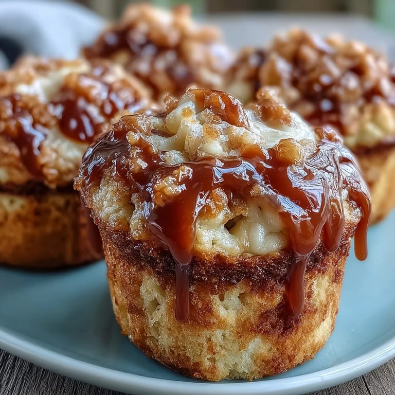 Tall bakery-style Caramel Cream Cheese Swirl Muffins revealing a rich marble inside and moist banana texture.