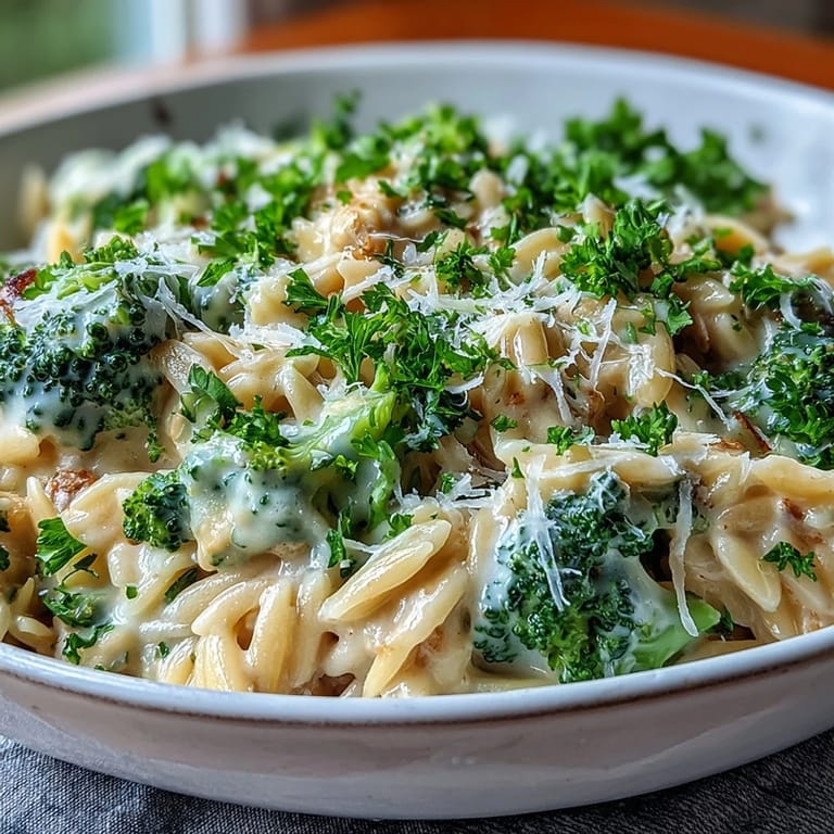 A skillet of Creamy Garlic Turkey & Broccoli Orzo featuring tender turkey, broccoli florets, and cheesy sauce steam.