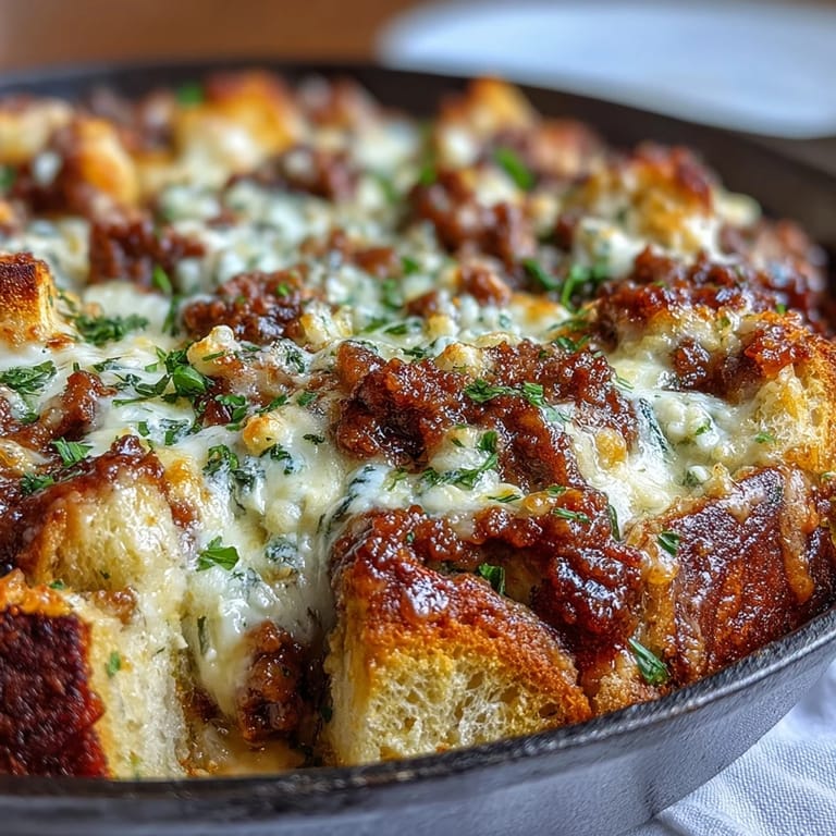 Hearty Cheesy Garlic Bread Lasagna Skillet served steaming from the oven in a rustic cast-iron skillet.