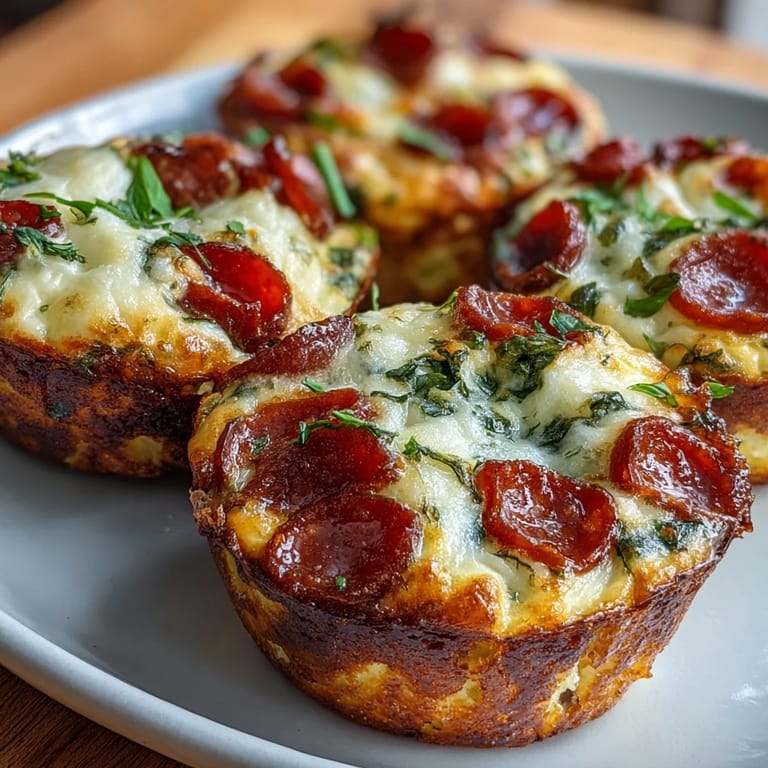 Overhead view of High-Protein Pepperoni Breakfast Cups in a muffin tin, highlighting their golden tops and savory red pepper garnish.
