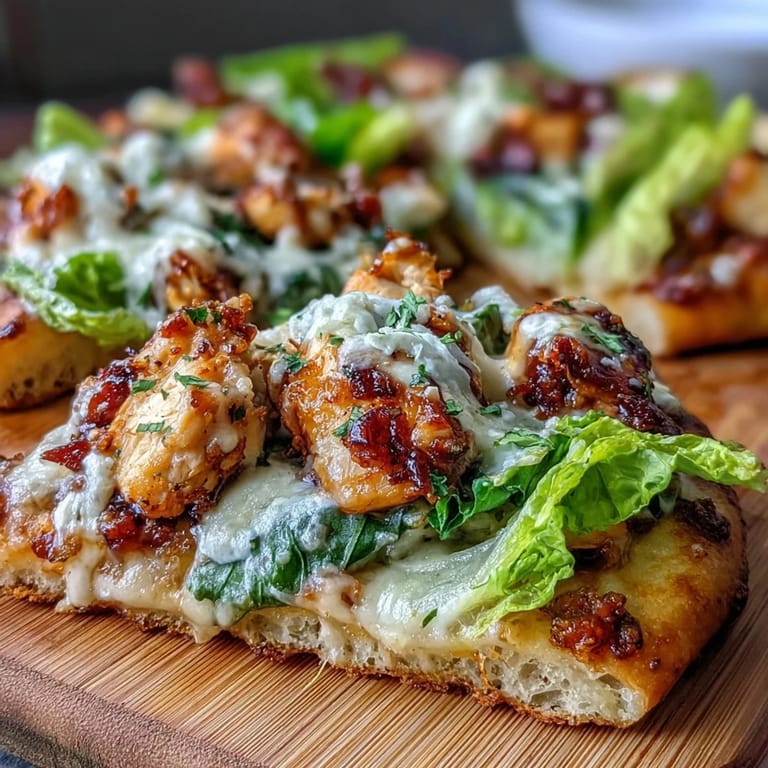 Freshly baked Garlic Naan Chicken Caesar Pizzas on a plate with lemon wedges.