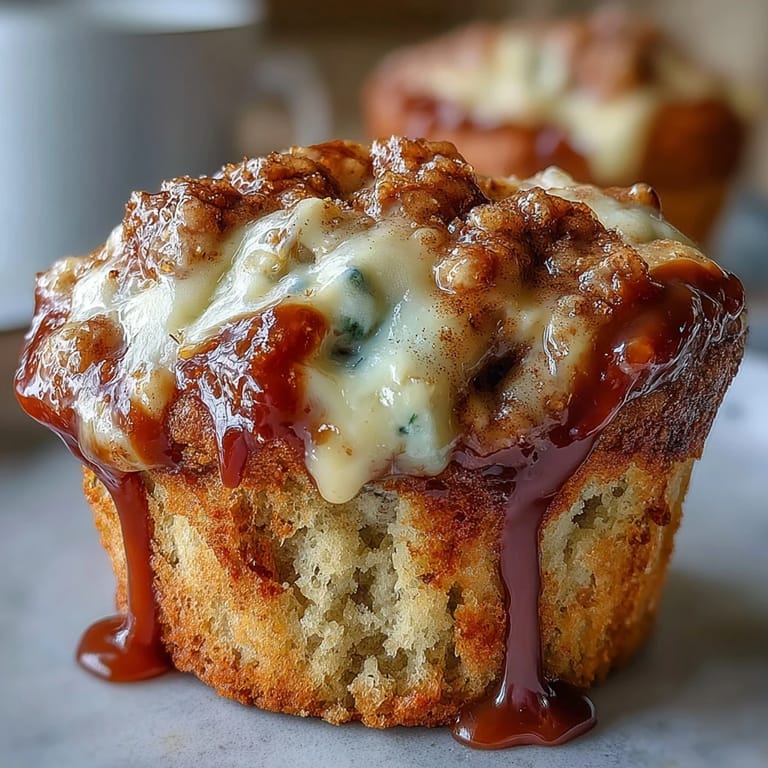 A close-up view highlights the gooey caramel cream cheese swirl inside a warm Caramel Cream Cheese Swirl Muffin, served with coffee.