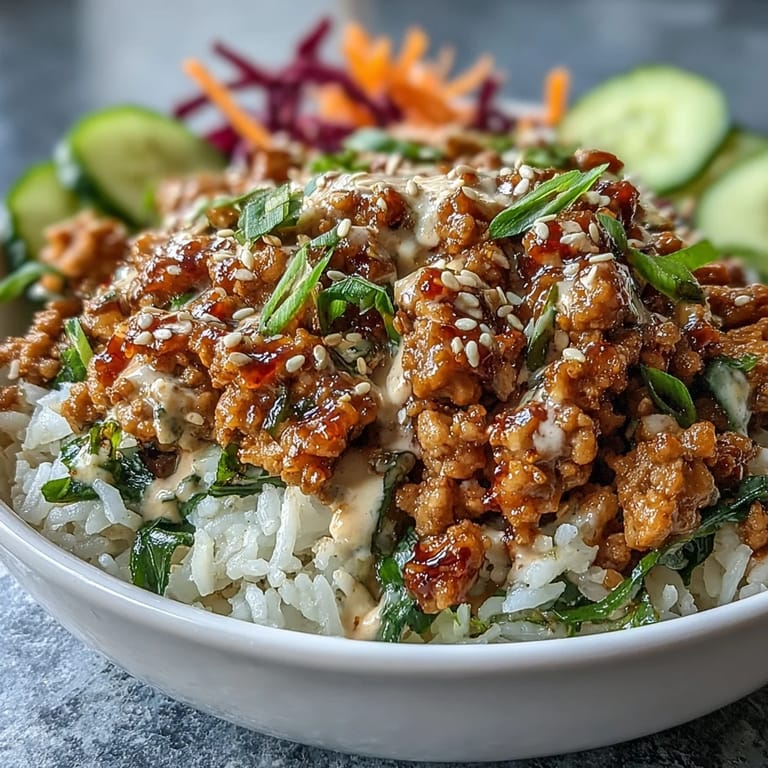 A close-up look at a spicy bang bang turkey rice bowl with crunchy purple cabbage, carrots, and cucumber alongside saucy ground turkey.
