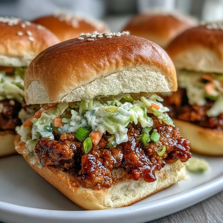 A close-up of Korean Turkey Sloppy Joe Sliders reveals saucy ground turkey filling and vibrant green onions.