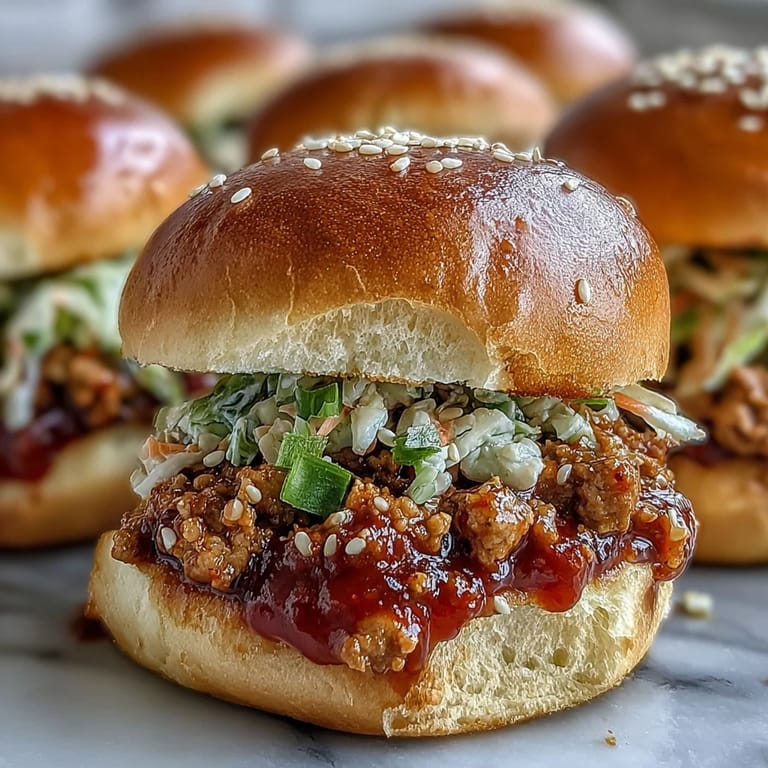 Served on a platter, these Korean Turkey Sloppy Joe Sliders feature golden buns and a side of extra slaw.
