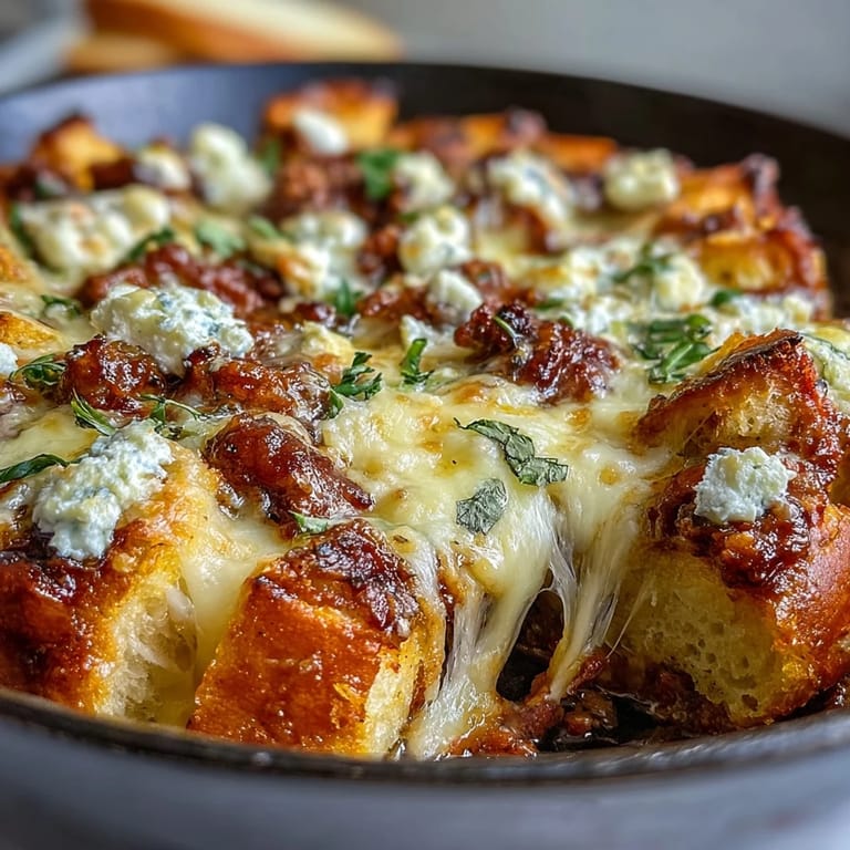 Ricotta and Parmesan layers peek out between garlic bread pieces in this hearty Cheesy Garlic Bread Lasagna Skillet.