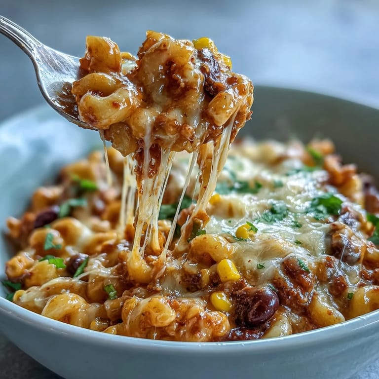 A spoon lifts cheesy pasta with black beans and sweet corn from the Tex-Mex skillet.