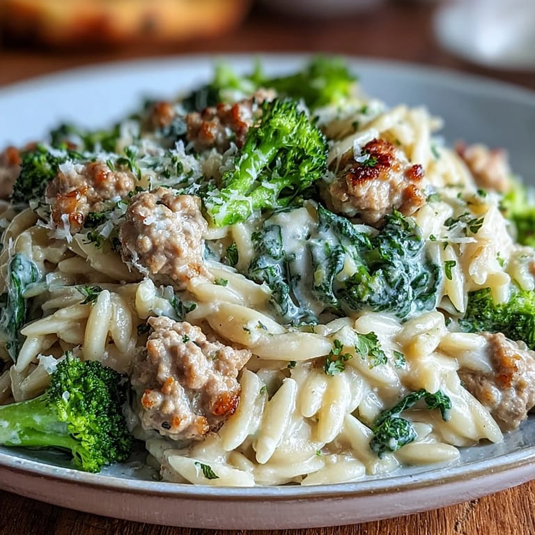 A single serving of Creamy Garlic Turkey & Broccoli Orzo topped with extra Parmesan.