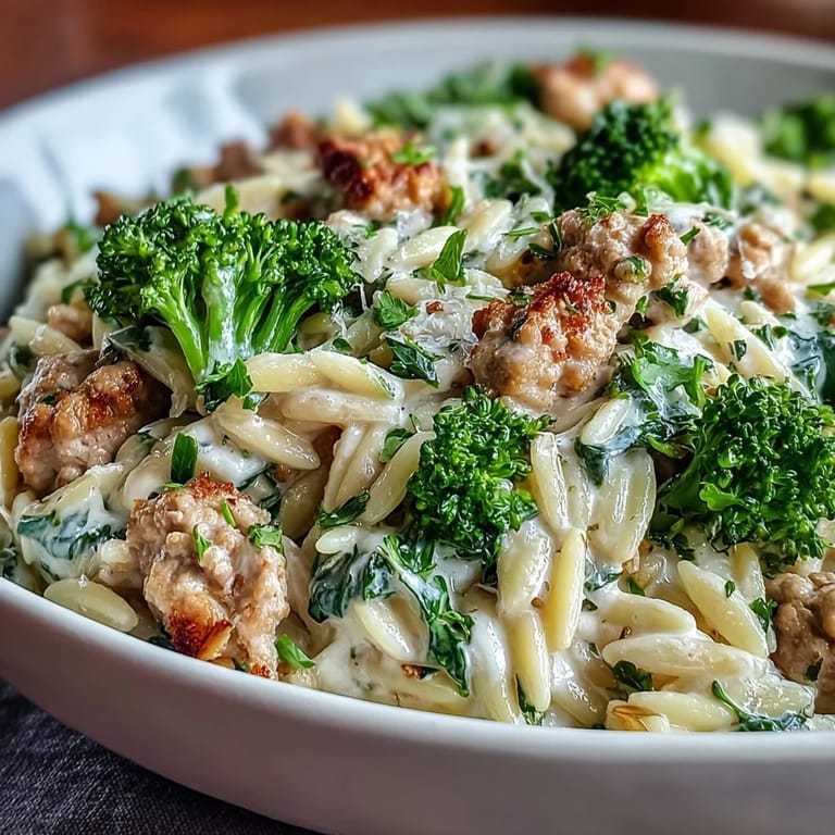 Close-up of Creamy Garlic Turkey & Broccoli Orzo with tender turkey and green broccoli.