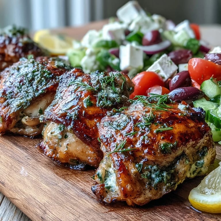 Bright Mediterranean flavors in this gluten-free dinner, featuring tender chicken thighs alongside colorful Greek salad and briny olives.