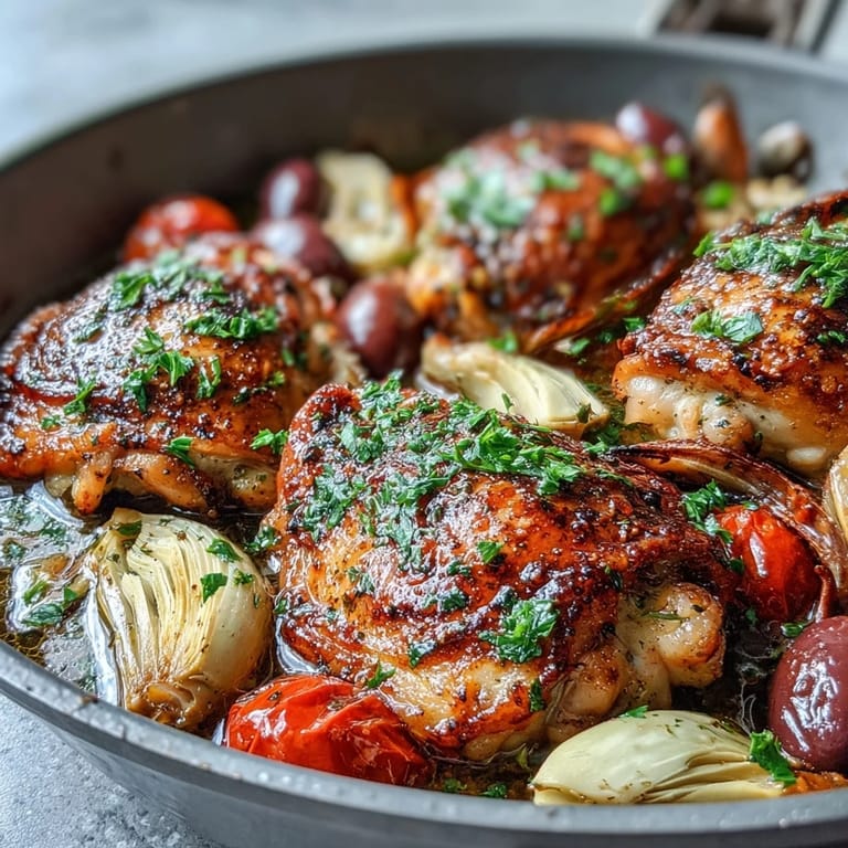 Sizzling One-Pan Mediterranean Chicken thighs served from the skillet, garnished with fresh parsley alongside crusty bread.