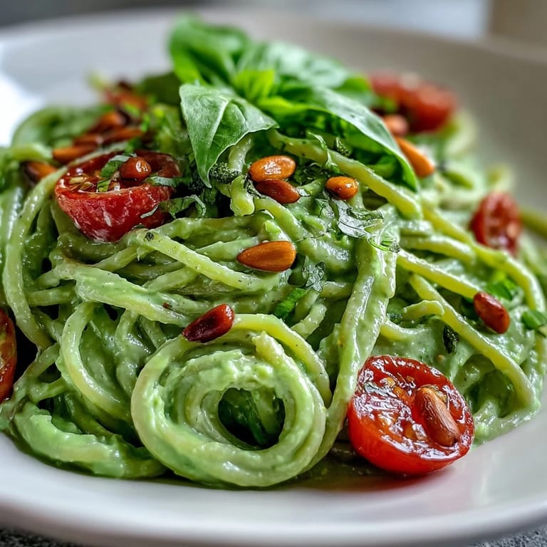 A close-up of Vegan Creamy Avocado Lime Pasta with Cherry Tomatoes, highlighting silky green sauce and juicy tomato halves.
