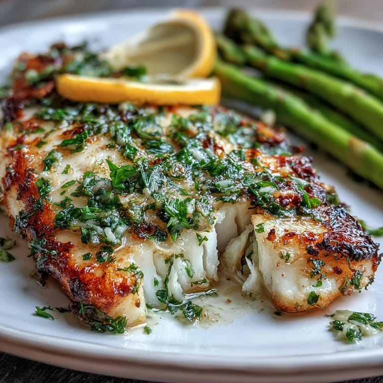 Close-up of Lemon Herb Tilapia with vibrant green asparagus, lemon wedges, and herbs, highlighting a fresh, gluten-free meal.
