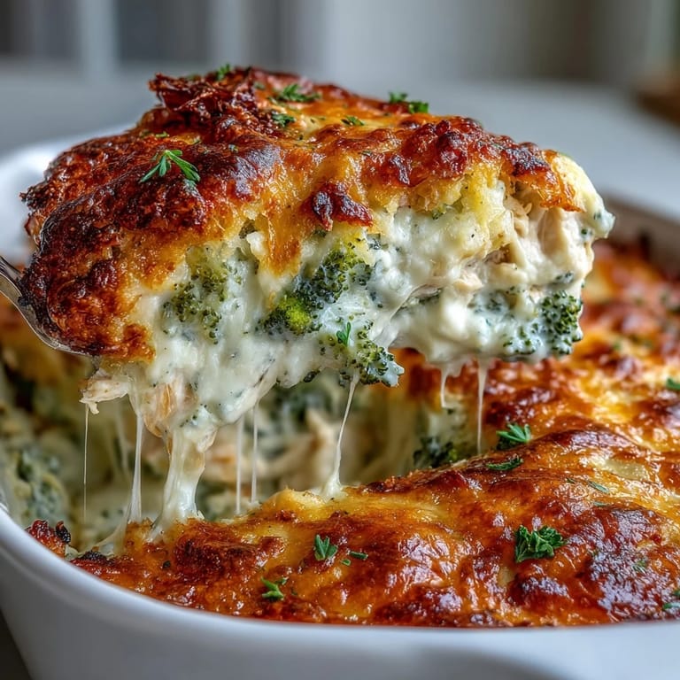 Freshly baked Keto Cheesy Broccoli Chicken Bake served in a ceramic dish, showcasing melted cheese and steam rising from the golden crust.