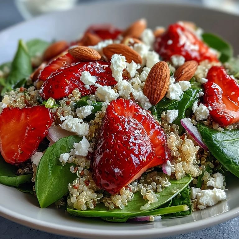 Sliced strawberries and crumbled feta cheese atop a bed of spinach and quinoa, with toasted almonds and a drizzle of balsamic dressing.