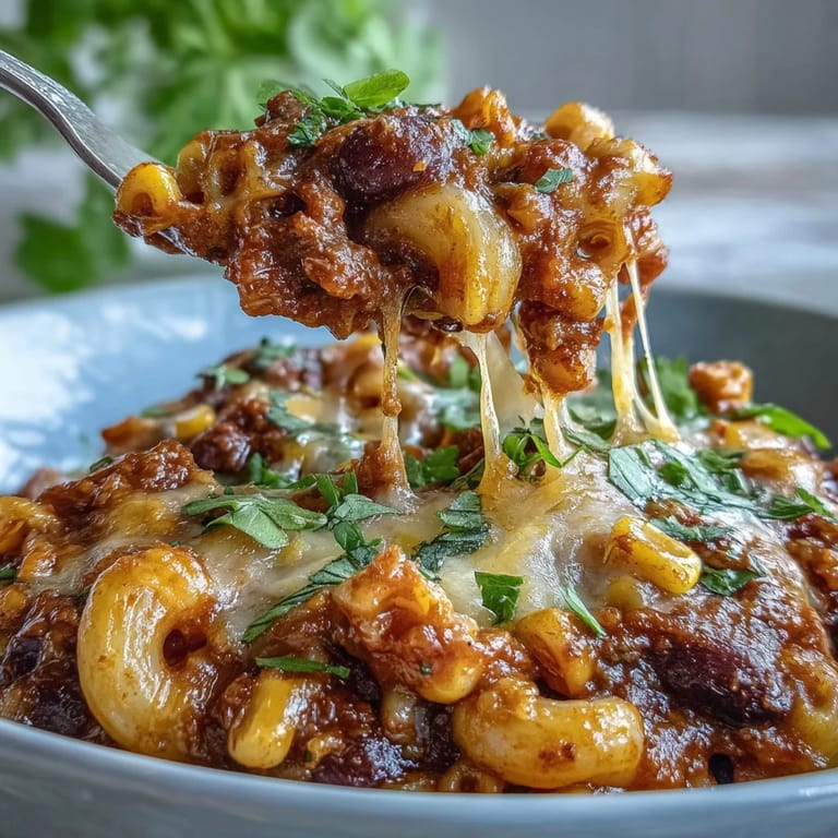 Spoon lifting cheesy One-Pot Tex-Mex Chili Mac with corn and black beans from a pot, ready for weeknight dinner.