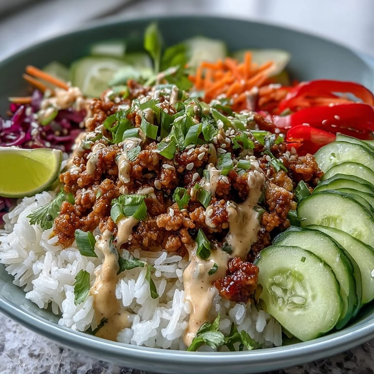 A close-up of Spicy Bang Bang Turkey Rice Bowls featuring crunchy carrots, cucumbers, and vibrant bell peppers.