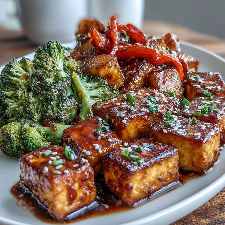 Sheet pan vegan teriyaki tofu stir-fry with colorful vegetables and homemade glaze, served hot from the oven.  