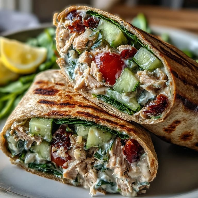 Protein-packed tuna salad wrap with creamy white beans, baby spinach, and Dijon-lemon dressing, perfect for a healthy lunch.  