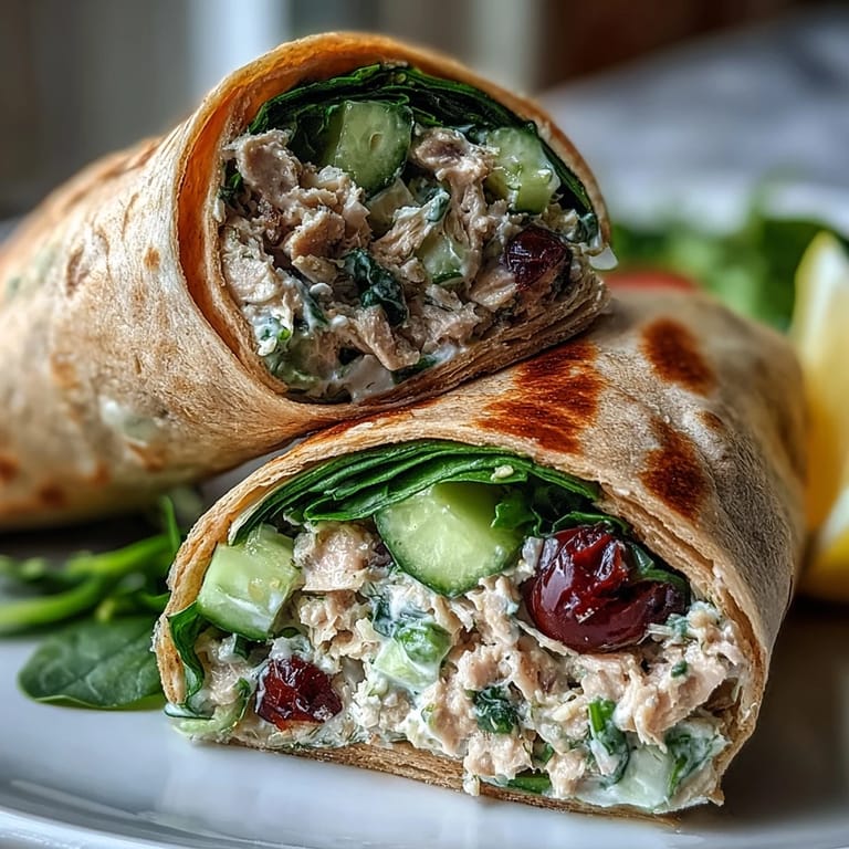Mediterranean-inspired tuna and white bean wrap filled with crunchy veggies, olive oil dressing, and tender greens in a spinach tortilla.