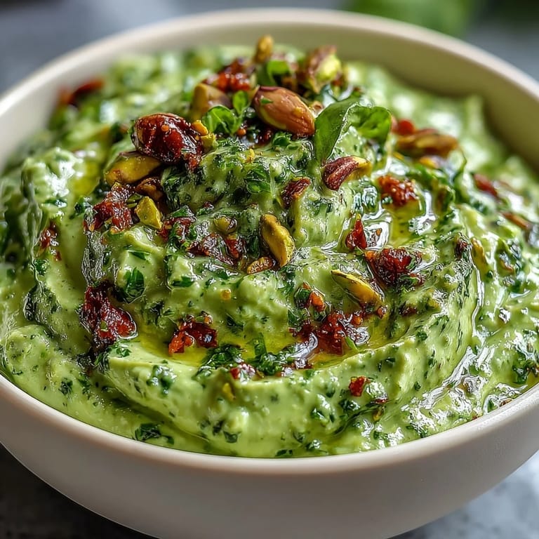 Vibrant green pistachio pesto made with basil, garlic, and olive oil, ideal for drizzling over grilled vegetables.