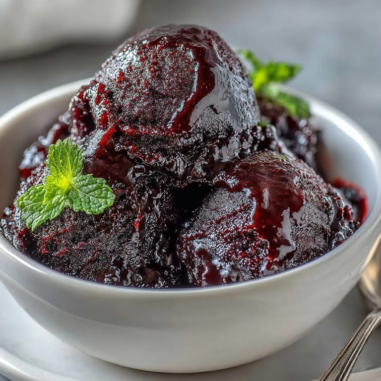 Elegant black currant sorbet garnished with fresh mint leaves, offering a cool and tangy treat with intense berry notes.