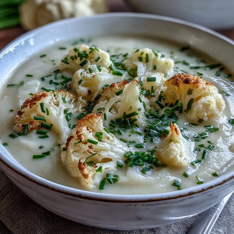 Rich and creamy Cauliflower Soup with caramelized onions, blended to perfection and topped with a drizzle of olive oil and chopped parsley.