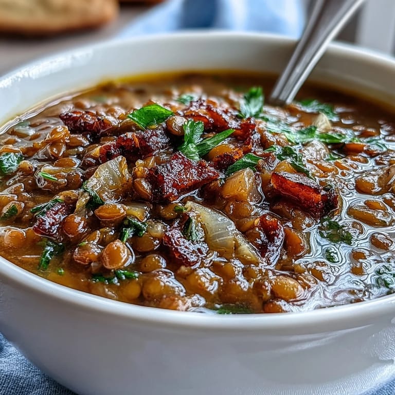 Hearty One-Pot Ham, Onion, and Lentil Stew served in rustic bowls, garnished with fresh parsley and accompanied by crusty bread for dipping.