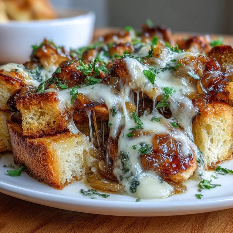 French Onion Chicken Thigh Bake with Sourdough Topping - tender chicken thighs simmered in rich onion sauce, topped with crunchy sourdough and bubbling cheese for a hearty one-pan dinner.