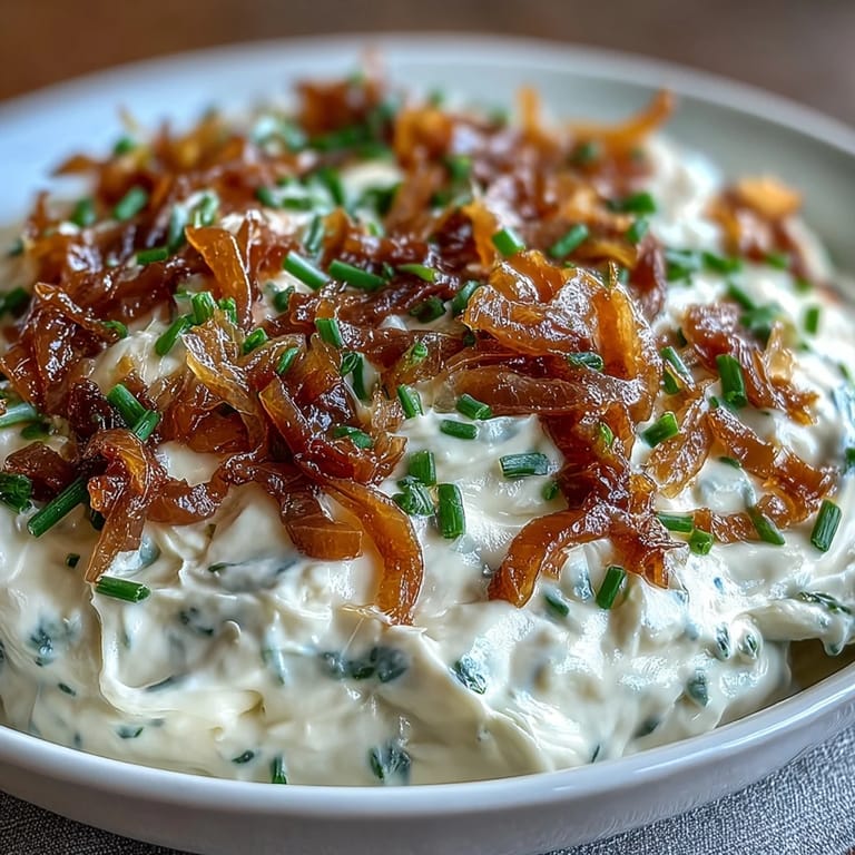 Velvety caramelized onion dip with Greek yogurt base, garnished with fresh chives for serving.