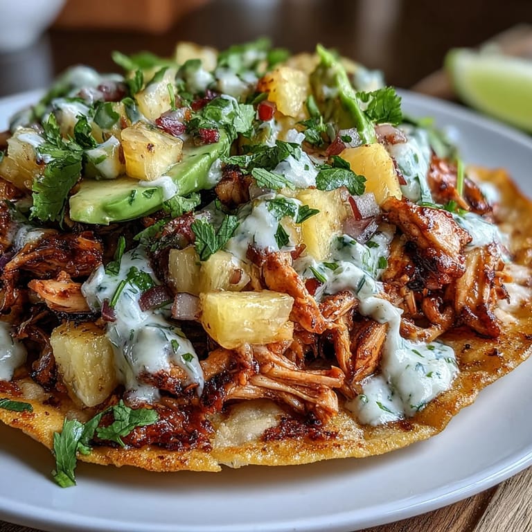 Golden corn tostadas topped with juicy shredded chicken, fresh pineapple salsa, and a tangy lime crema drizzle.  