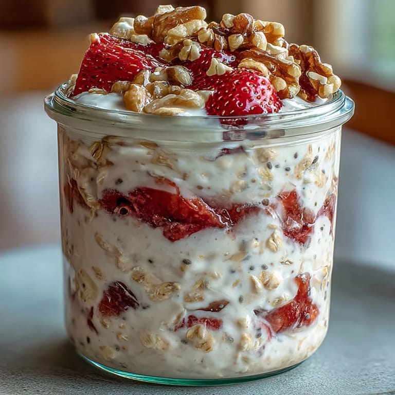 Wholesome strawberry banana bread-inspired overnight oats layered with Greek yogurt, chia seeds, and walnuts, served chilled with fresh fruit.