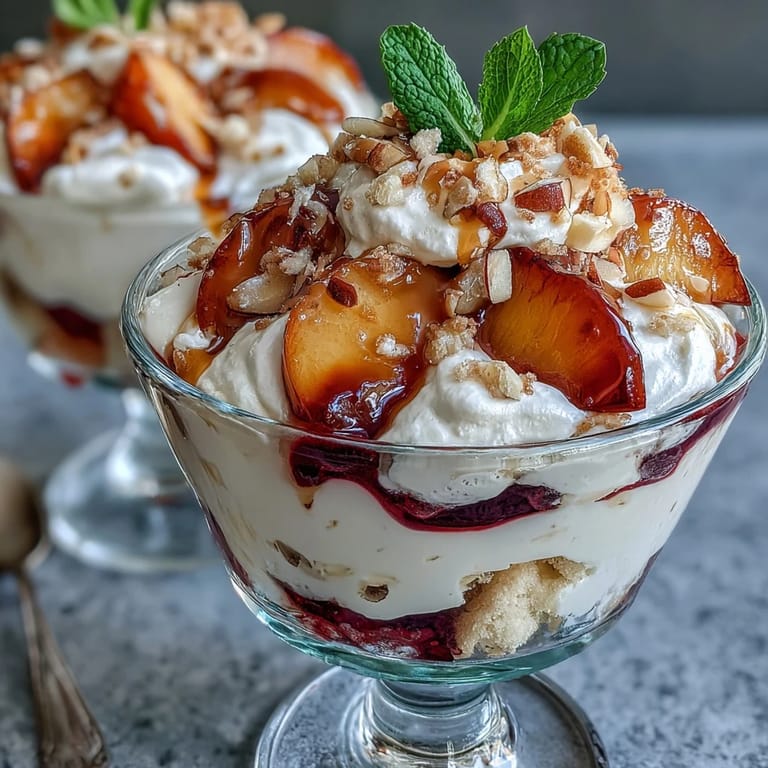 Fluffy Yogurt Peach Melba Cups with Toasted Almonds: light and refreshing summer dessert featuring whipped yogurt, fresh peaches, homemade raspberry coulis, and golden toasted almonds.