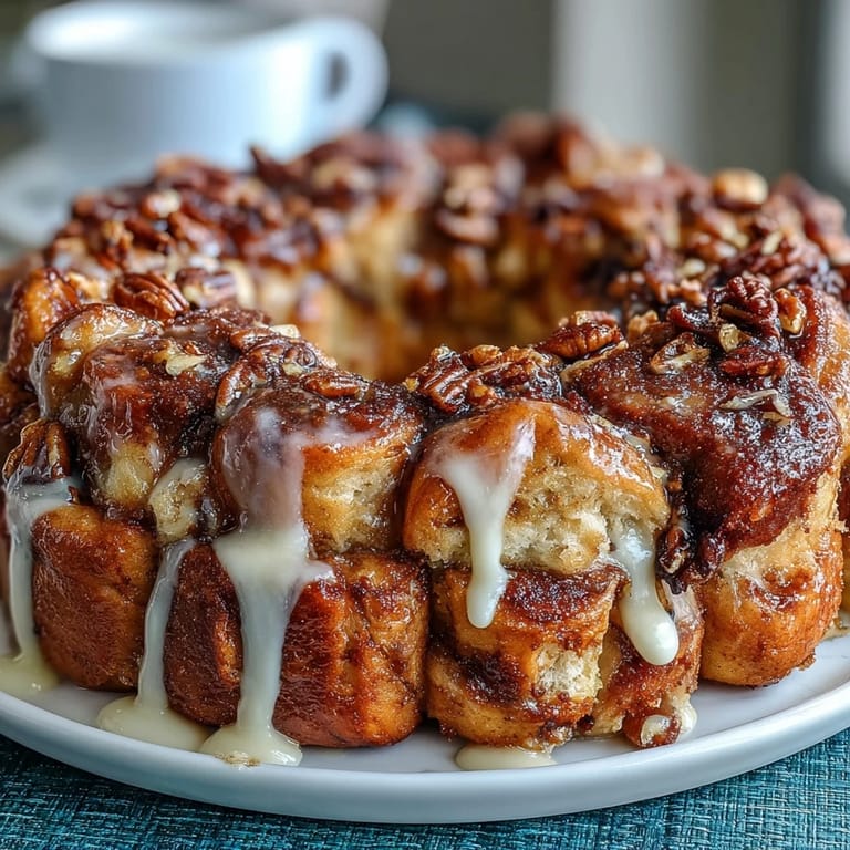 Festive King Cake-inspired pull-apart bread with buttery cinnamon-sugar dough, gooey brown sugar filling, and creamy vanilla cream cheese glaze.
