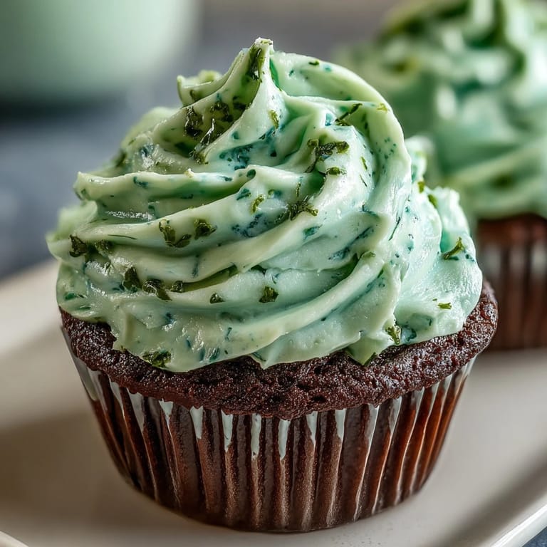 Close-up of a green velvet cupcake with smooth white cream cheese frosting and green shamrock sprinkles.