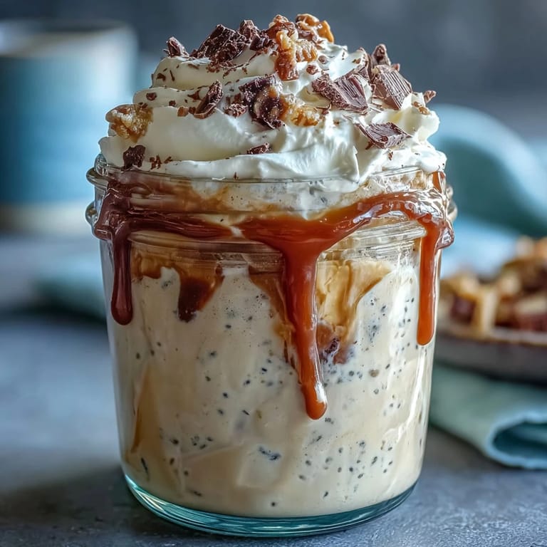 Rich vanilla bean frappuccino overnight oats dessert jar layered with espresso-infused oats, Greek yogurt, and a caramel drizzle.