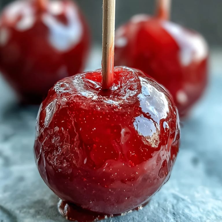 Festive red candy apples on wooden sticks, perfect for parties, holidays, and autumn celebrations.  