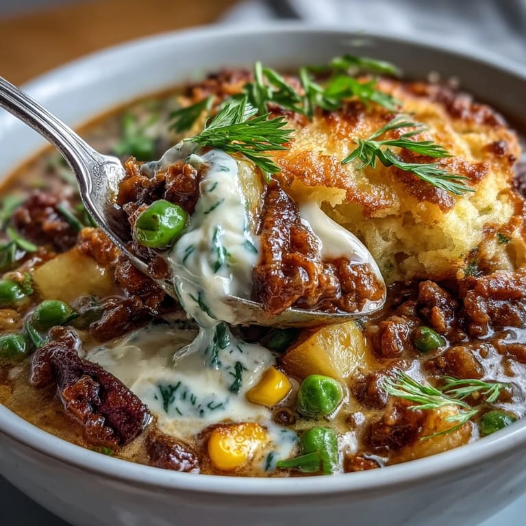 Creamy Shepherds Pie Soup featuring tender ground beef, mixed vegetables, and potatoes, simmered in a rich, comforting broth.