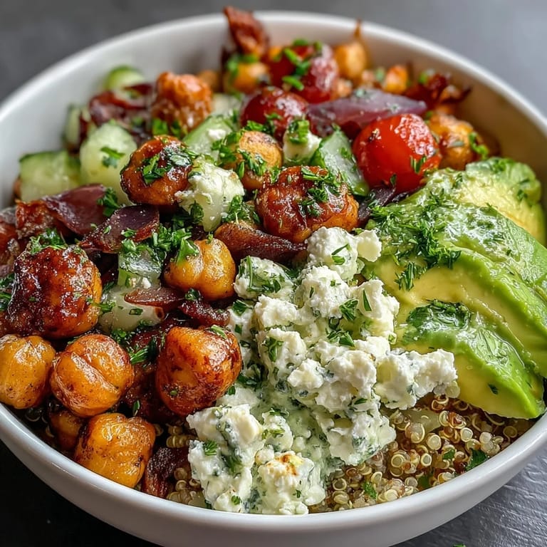 Vibrant Mediterranean-inspired grain bowls with roasted spiced chickpeas, crisp cucumbers, tomatoes, and a tangy lemon vinaigrette dressing.  