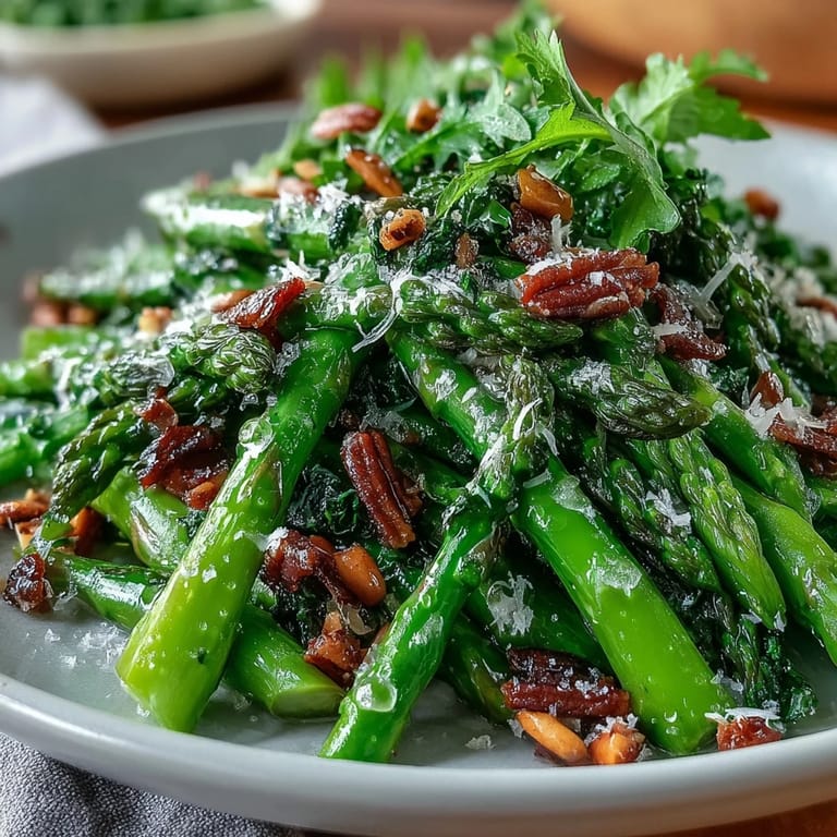 Crisp asparagus ribbons and sweet peas tossed with arugula, lemon vinaigrette, and toasted nuts for a refreshing spring salad.