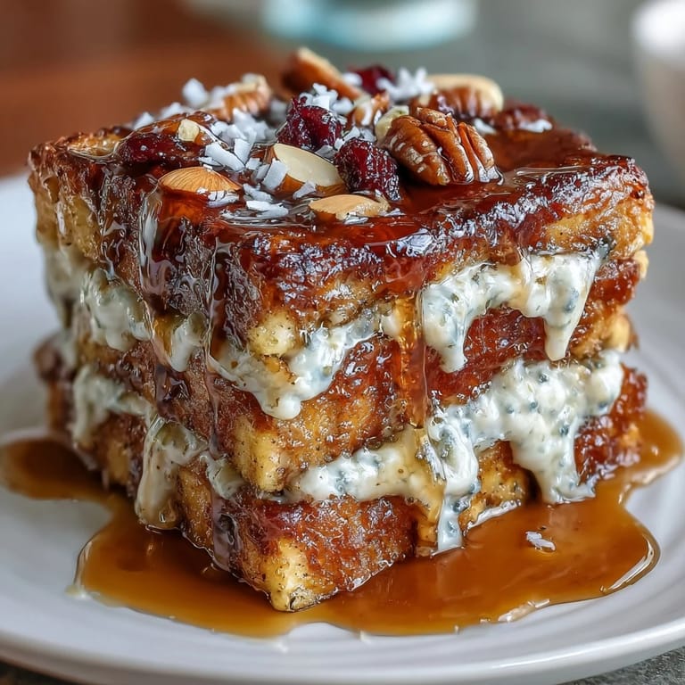 Classic capirotada Mexicana dessert featuring toasted bolillo bread, crunchy nuts, and gooey cheese, soaked in aromatic piloncillo syrup.