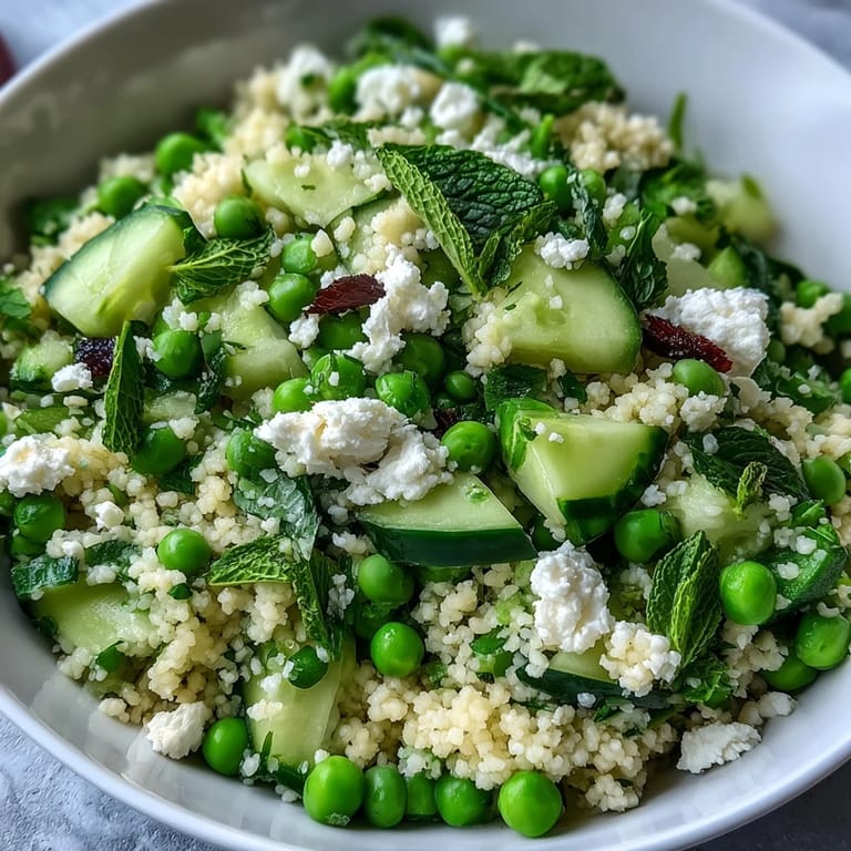 Fluffy couscous tossed with sweet spring peas, chopped mint, and crisp cucumber, drizzled with lemon-olive oil dressing for a bright, healthy salad.