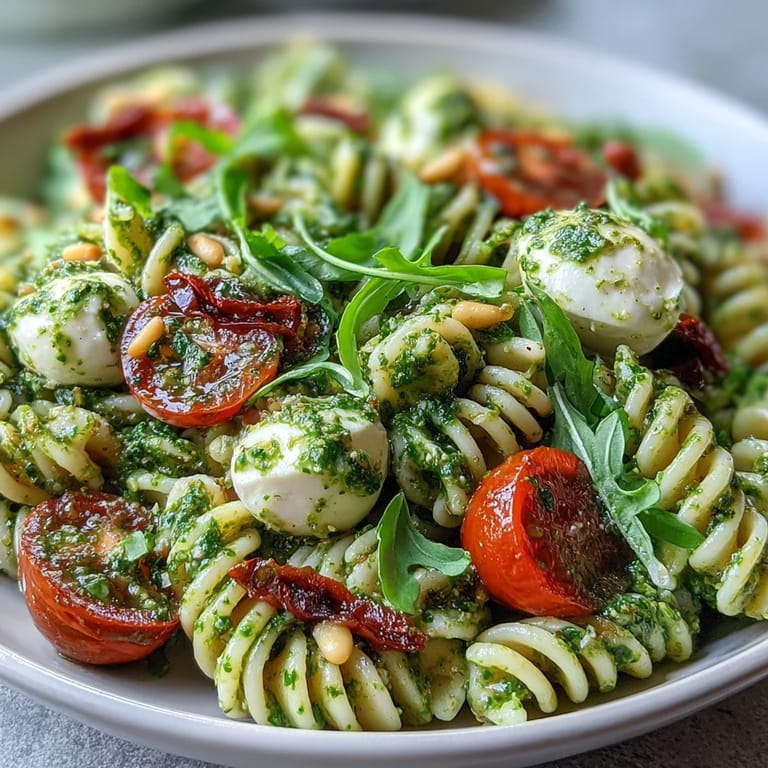 Creamy mozzarella and juicy cherry tomatoes tossed with al dente pasta in a fragrant basil pesto, perfect for warm-weather dining.